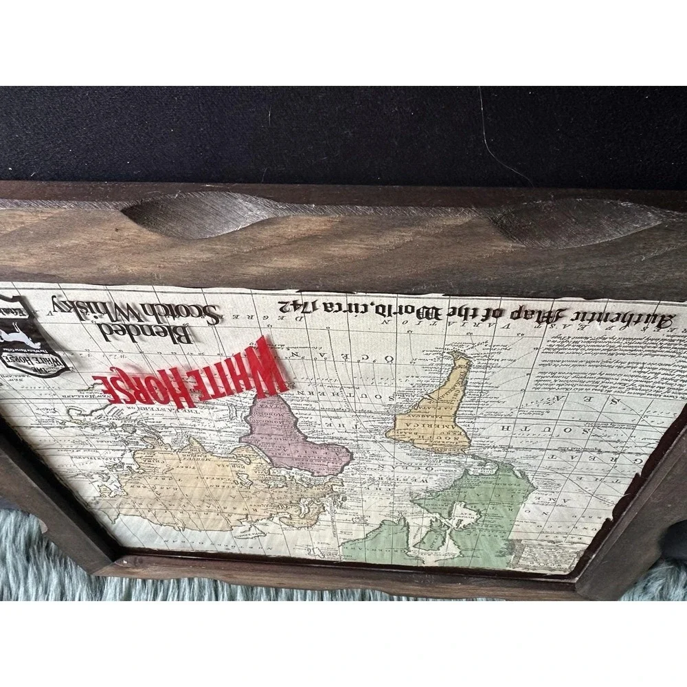 VTG White Horse Whiskey 1742 World Map Bar Wall Hanging Distillery Wood Frame‎